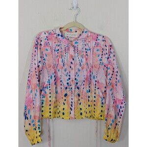 New La Fuori Cropped Silk Bomber Jacket Soft Pink Yellow Artsy Boxy Blouse Sz S